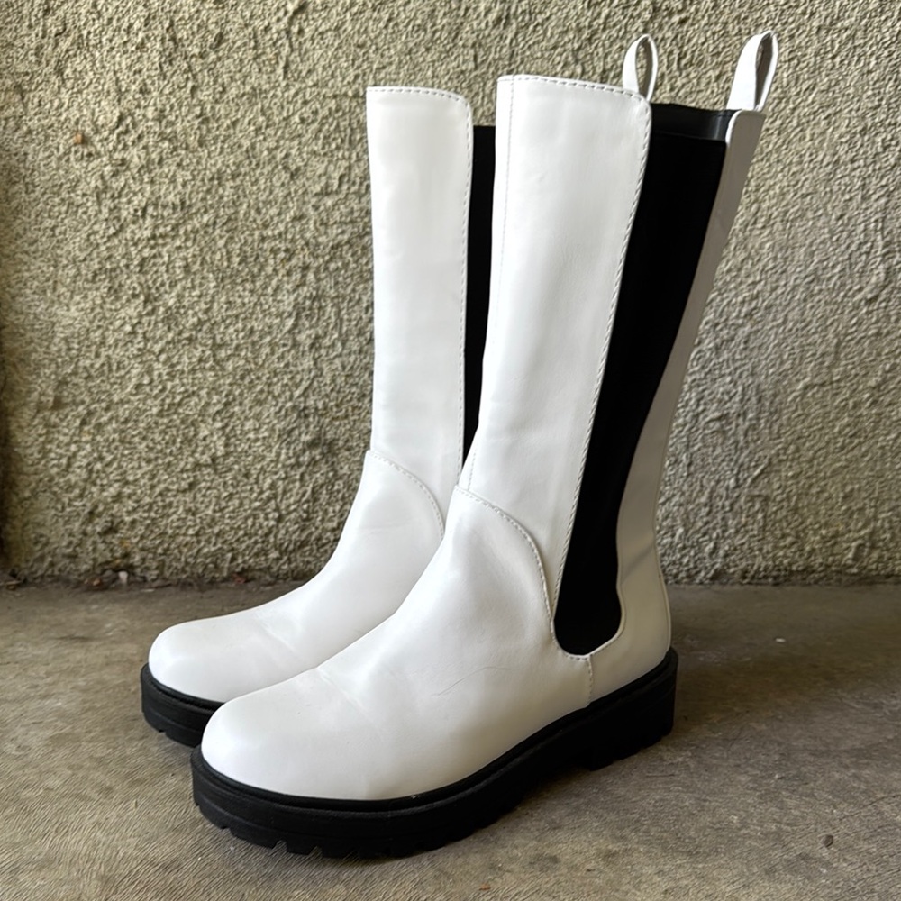 Soda White and Black Boots with Lug Soles Faux Leather